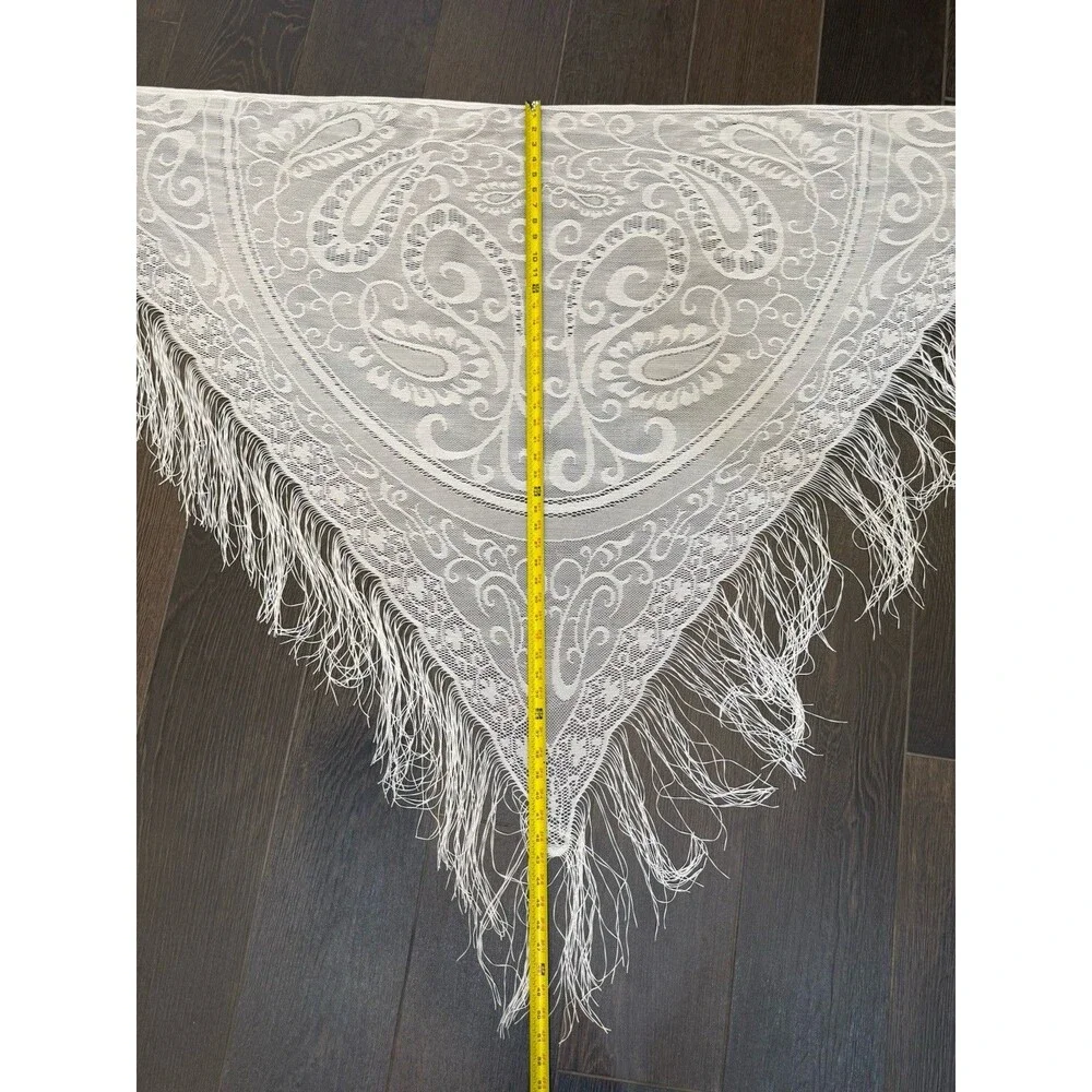 Vintage White Lace Fringe Boho Scarf 72x43” Shawl Bridal Festival Stevie Nicks